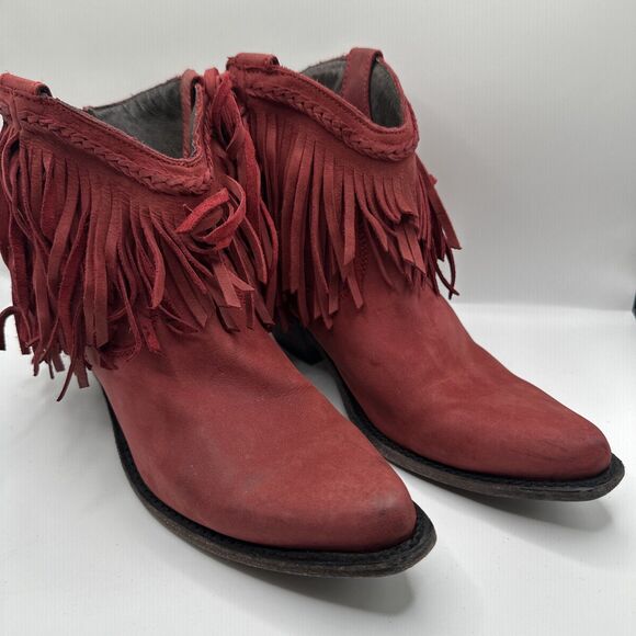 Liberty Red Leather Fringe Booties  Sz 10 - Picture 2 of 9